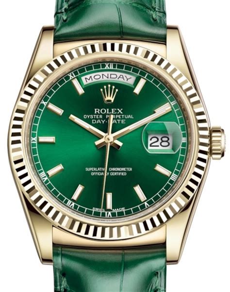 rolex day date 36 green dial leather strap|rolex green leather strap.